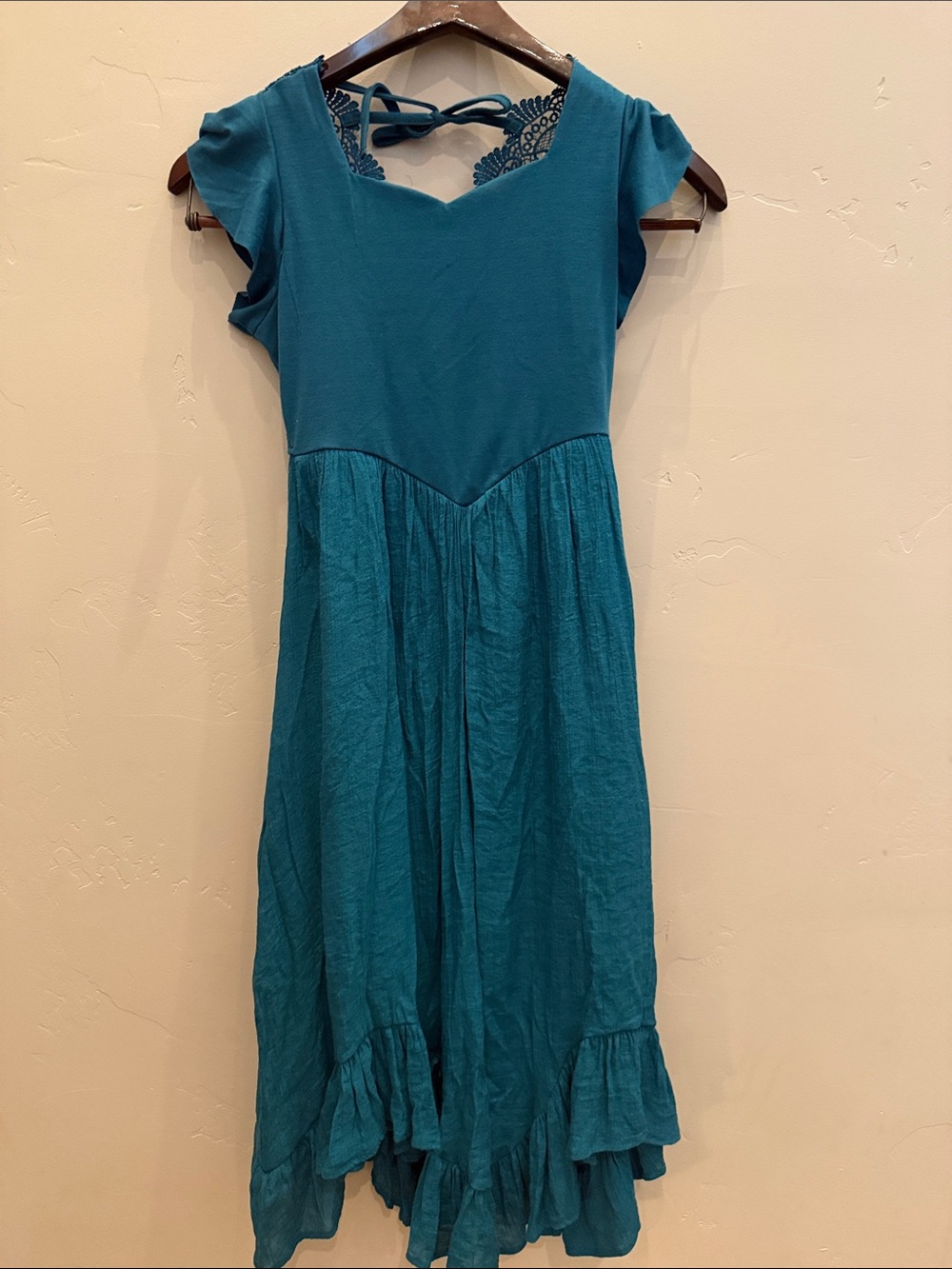 Joyfolie Teal Lace-Back Ruffle-Hem Dress